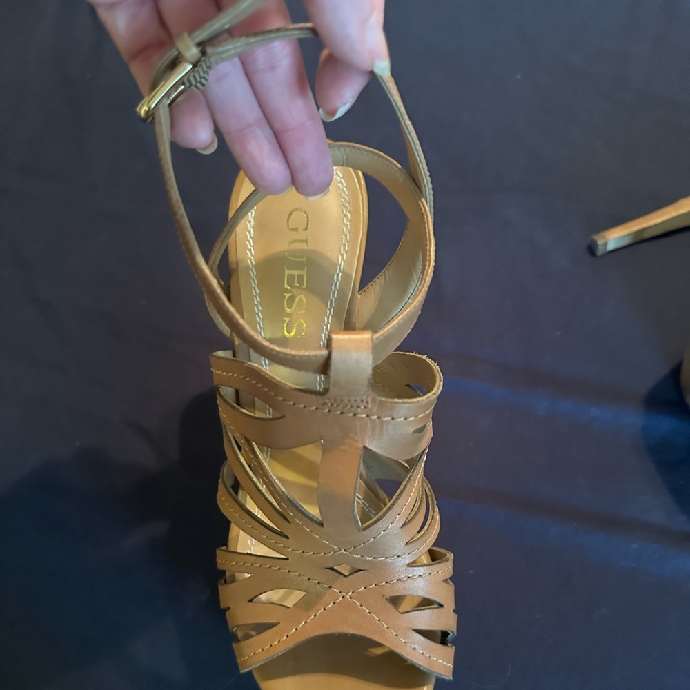 Tan colored Guess ankle strap heels